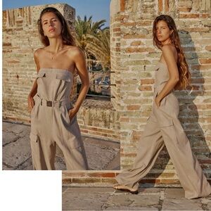 Zara tan brown strapless cargo wide leg jumpsuit Sz M